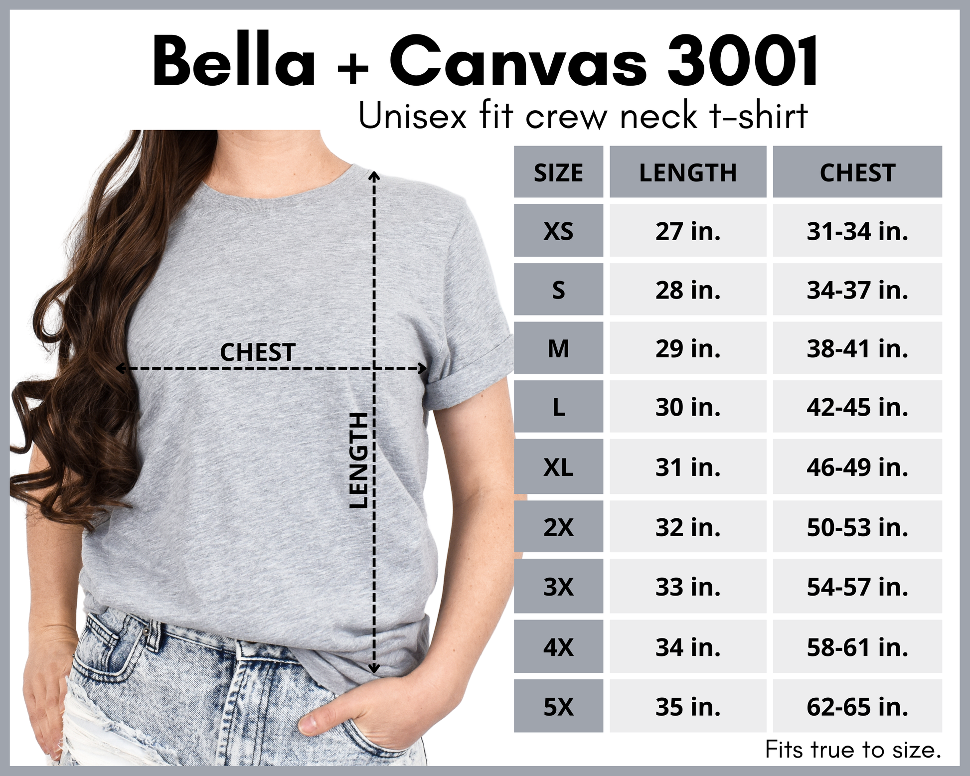 crew neck unisex t-shirt size chart