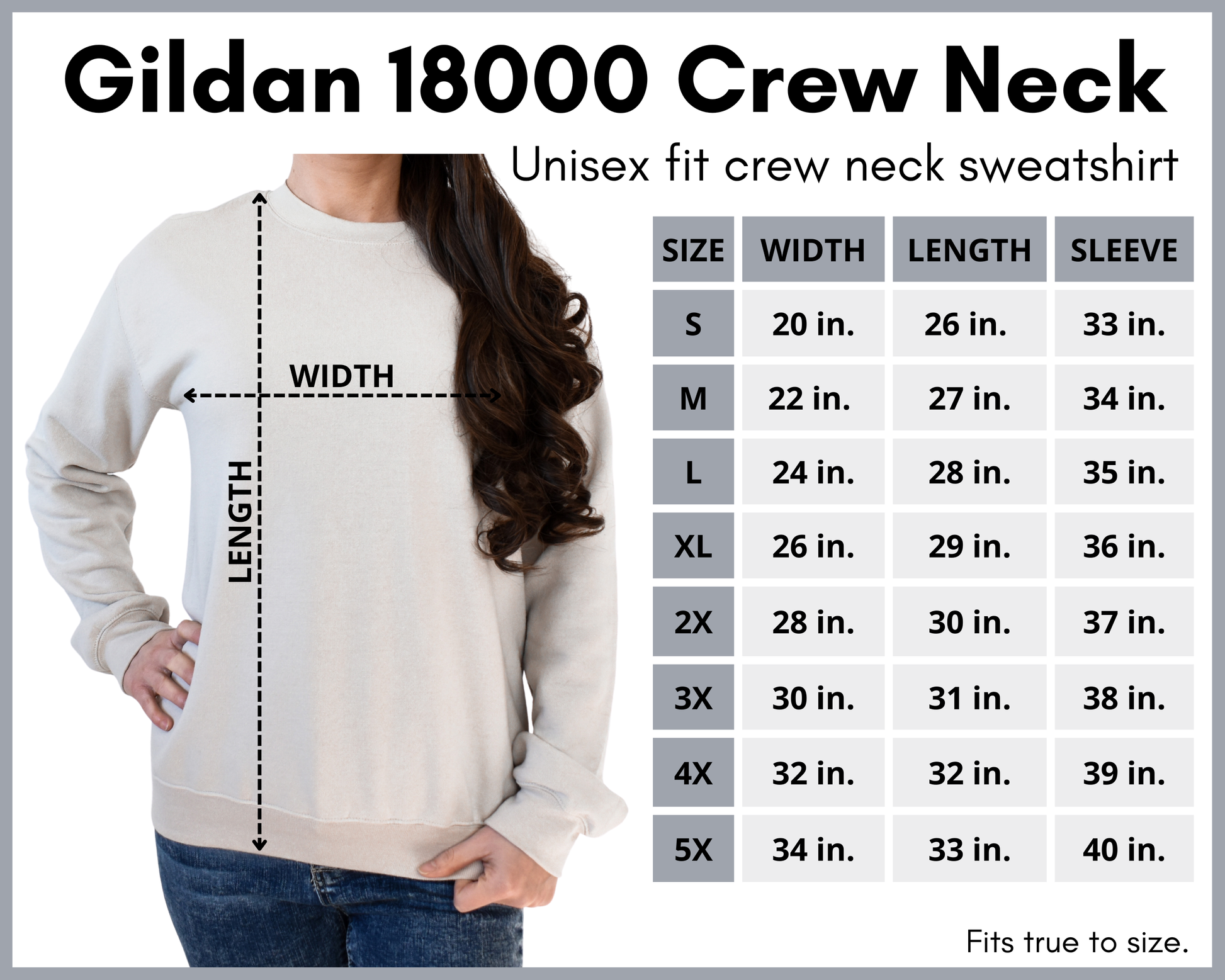 crew neck unisex sweatshirt size chart