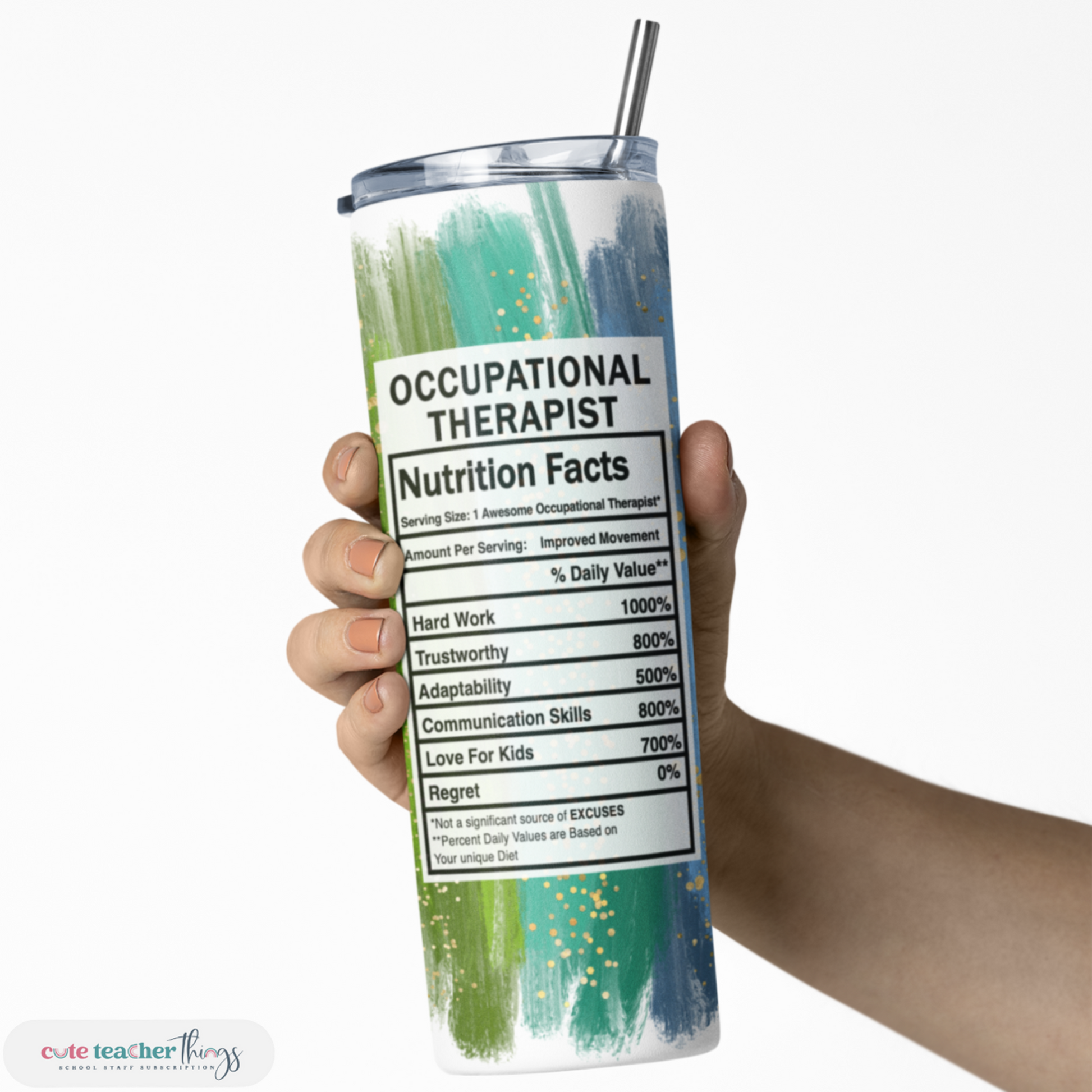 occupational therapist nutrition facts bright rainbow design, therapist skinny tumbler, OT tumbler