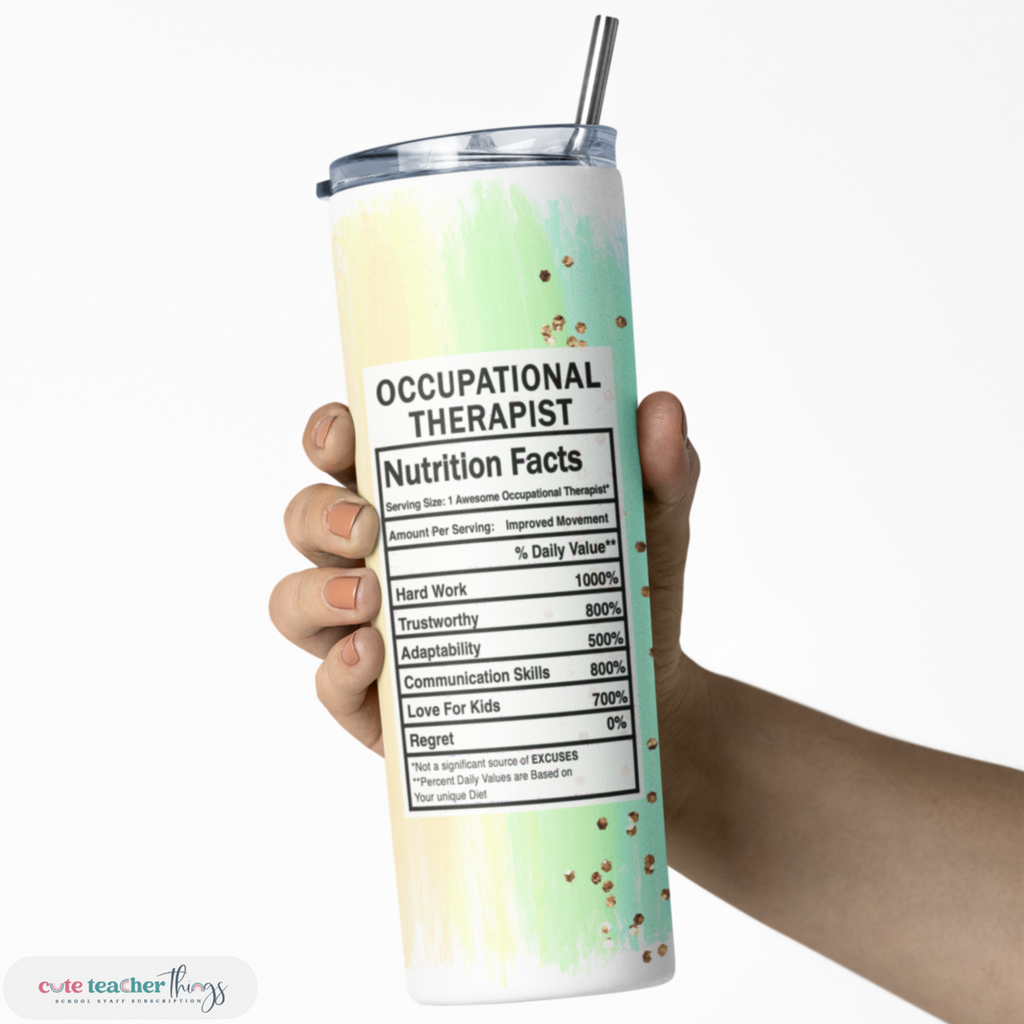 double wall insulated water bottle, pastel rainbow print occupational therapist nutrition facts design tumbler, affirmation tumbler