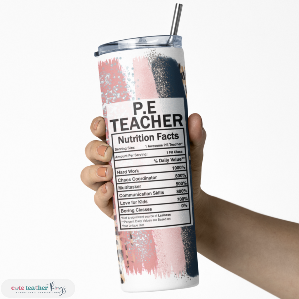 stainless steel with lid and straw, leopard print P.E. teacher nutrition facts design
