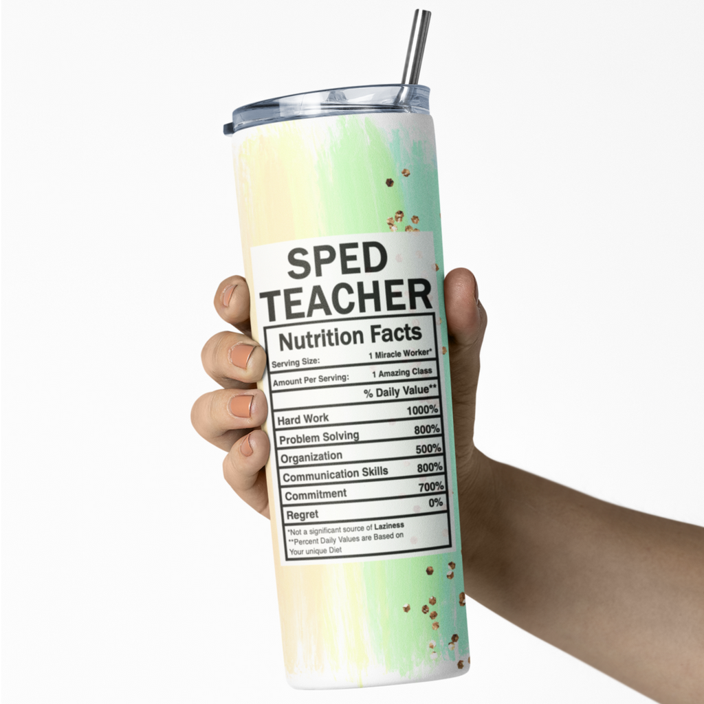 pastel rainbow sped teacher nutrition facts design, leak proof skinny tumbler with lid and straw, teacher nutrition tumbler