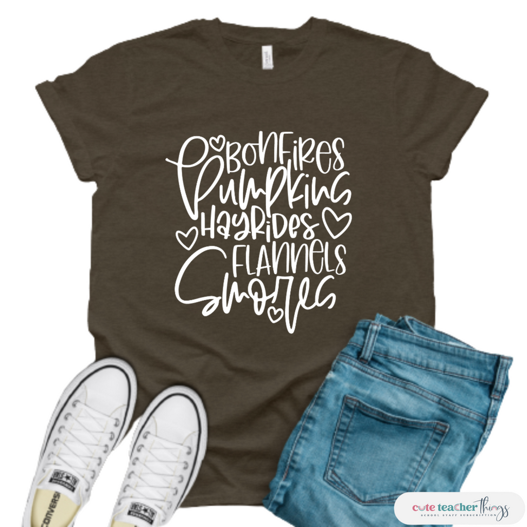bonefires, pumpkin, hayrides, flannels, smores design, fall quote unisex t-shirt