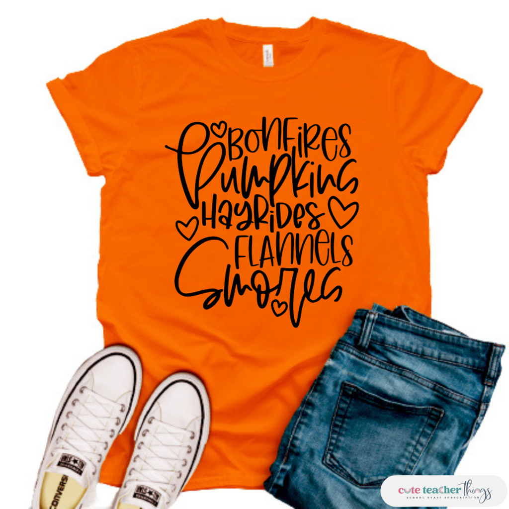 bonefires, pumpkin, hayrides, flannels, smores design, fall vibes shirt