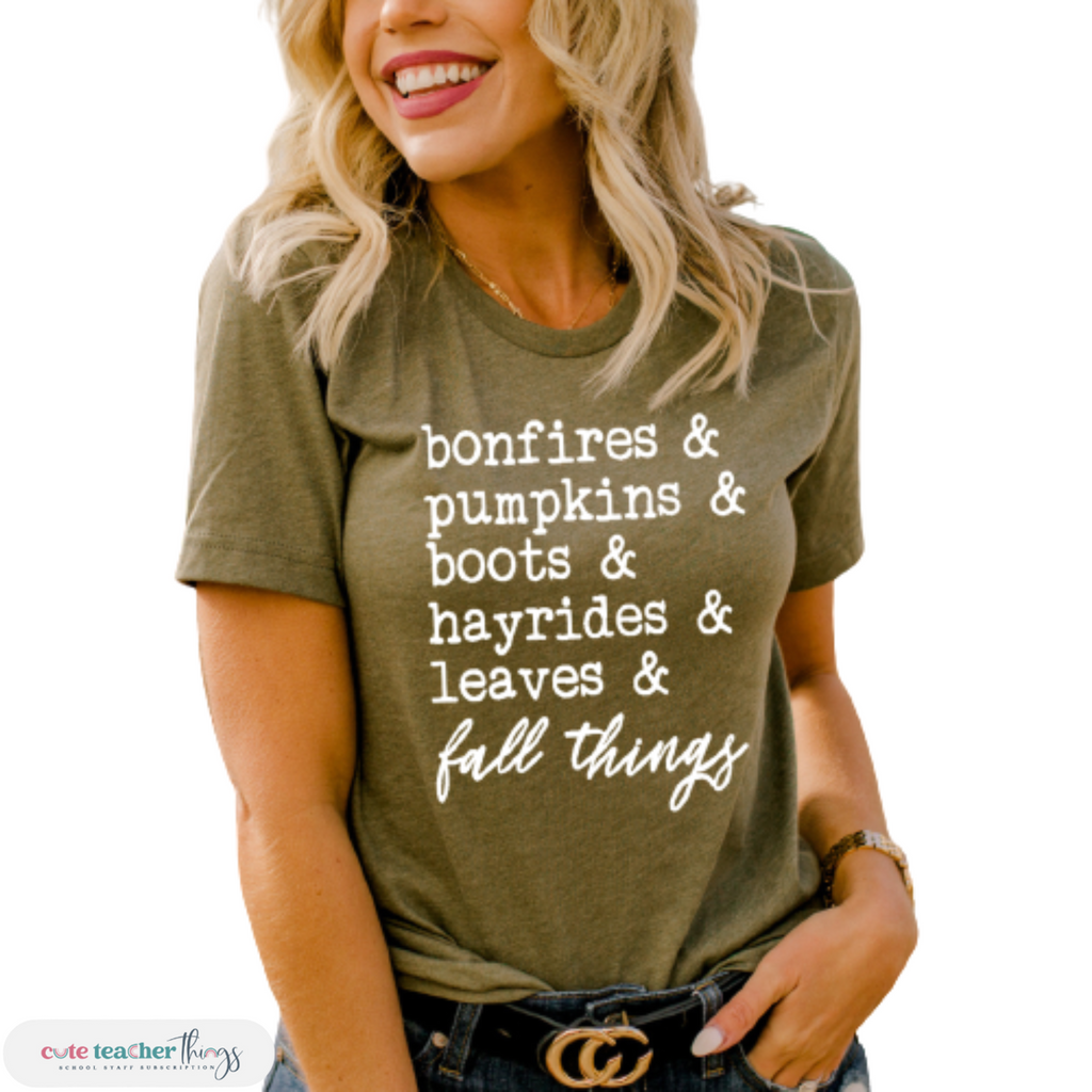 bonefires & pumpkins & boots & hayrides & leaves & fall things design unisex t-shirt