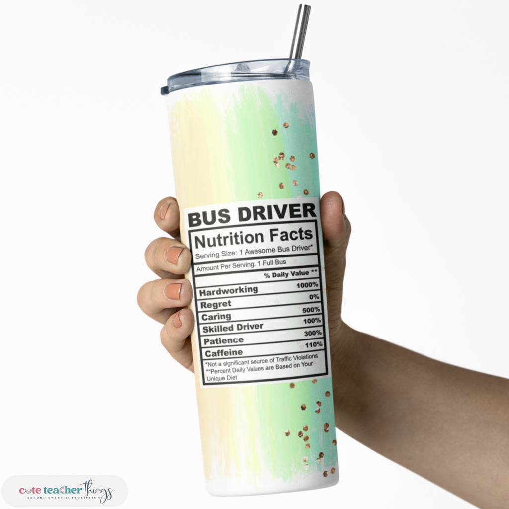 skinny tumbler with lid and straw, pastel rainbow bus driver nutrition facts design
