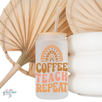 coffee teach repeat frosted glass cup, teacher beer glass can, back to school gift