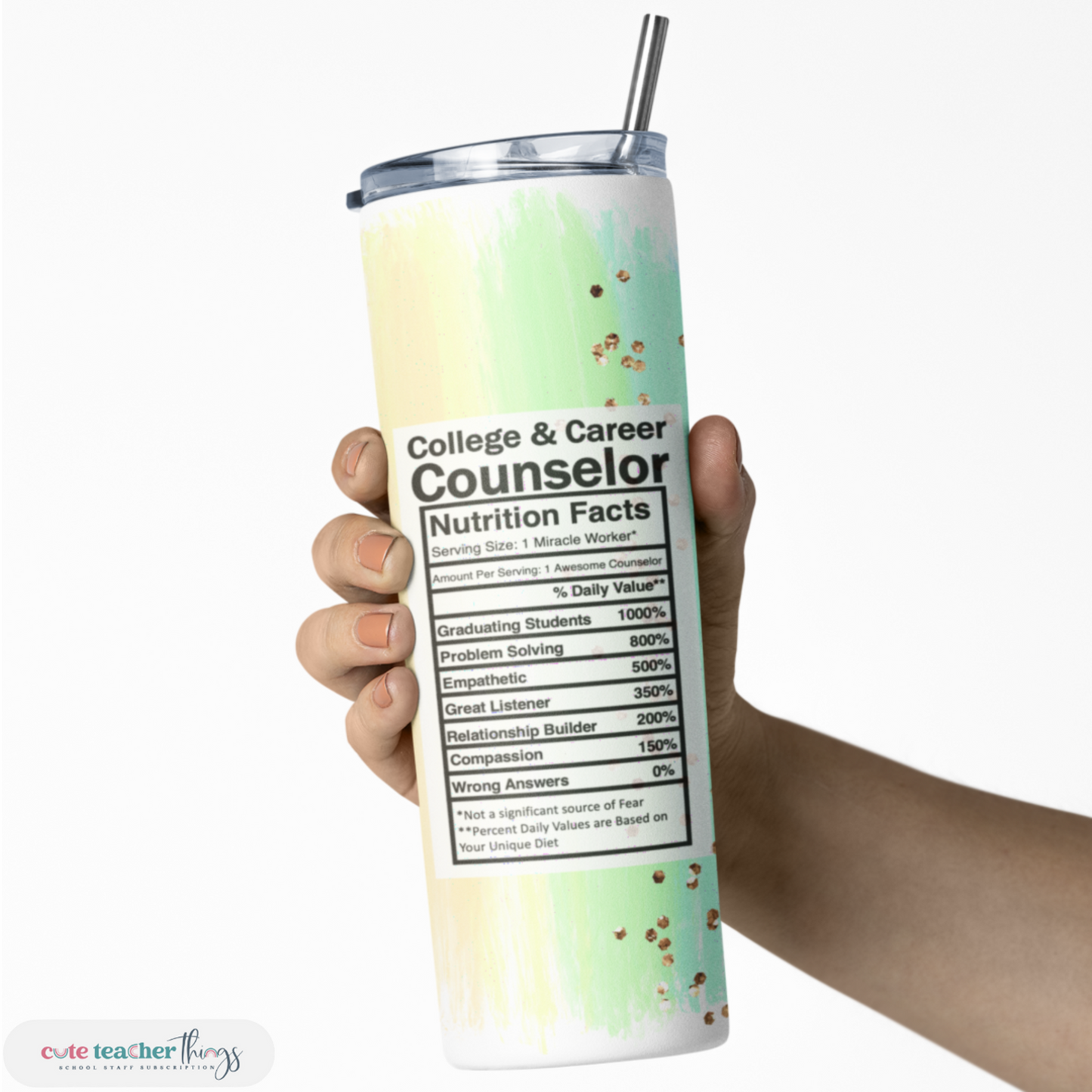 20 oz skinny tumbler with lid and straw, paster rainbow design for college & career counselors