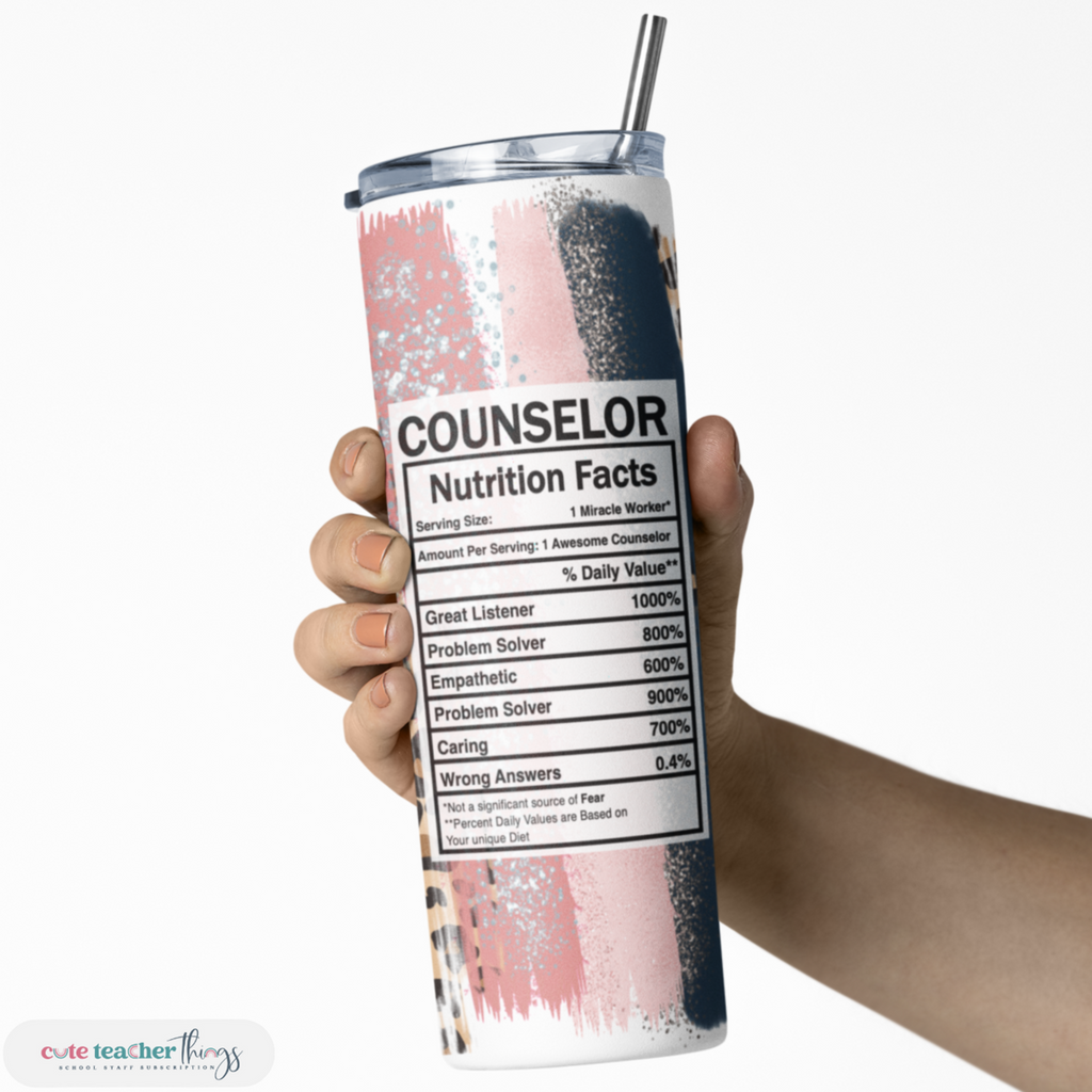 insulated skinny tumbler, counselor nutrition facts pink leopard print, daily affirmation tumbler
