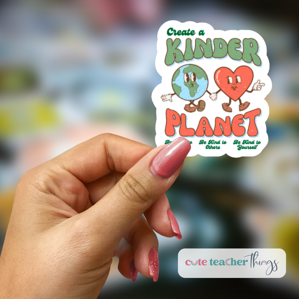 create a kinder planet retro sticker, be kind to the planet, earth day celebration stickers