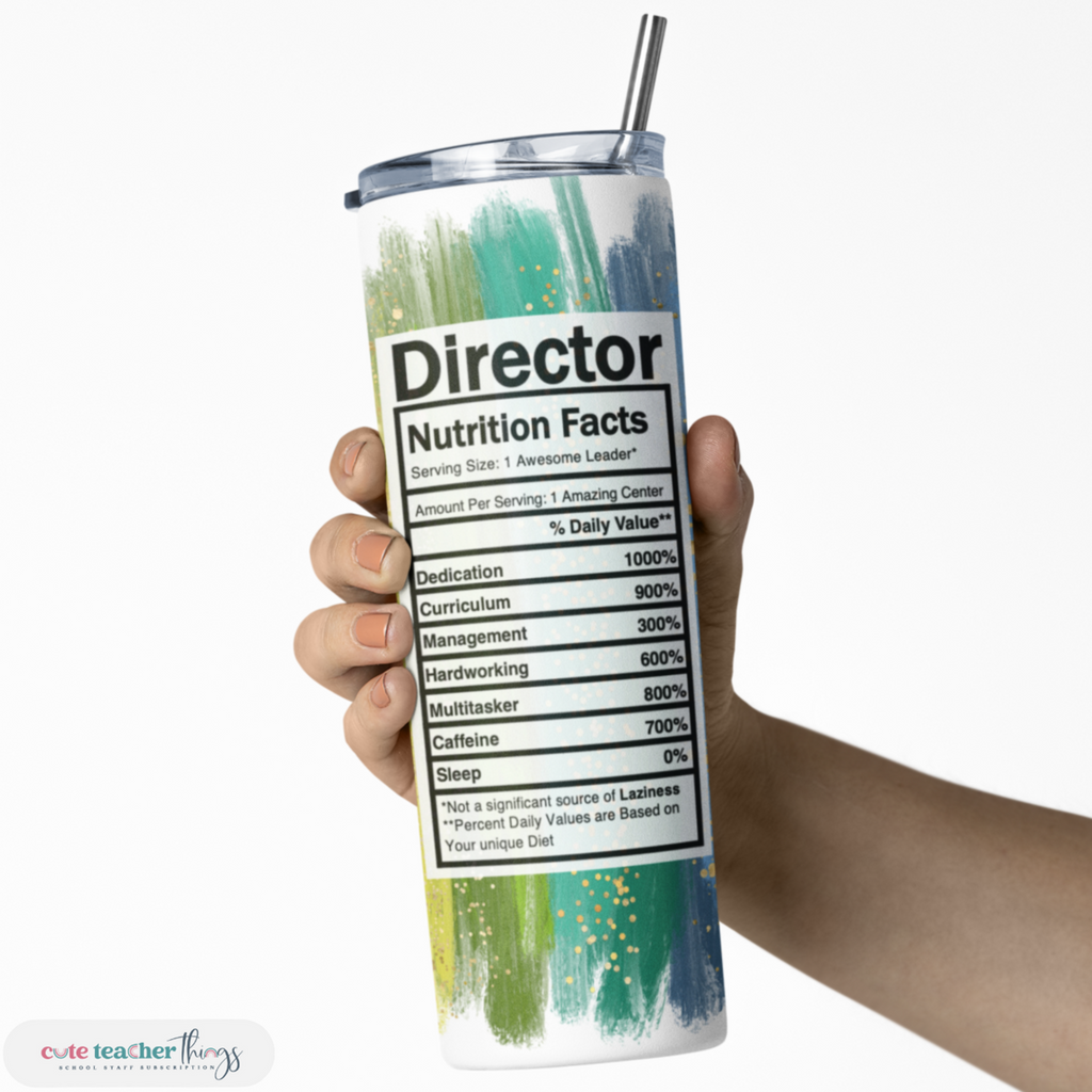 bright rainbow print director nutrition facts design, skinny tumbler with lid and straw