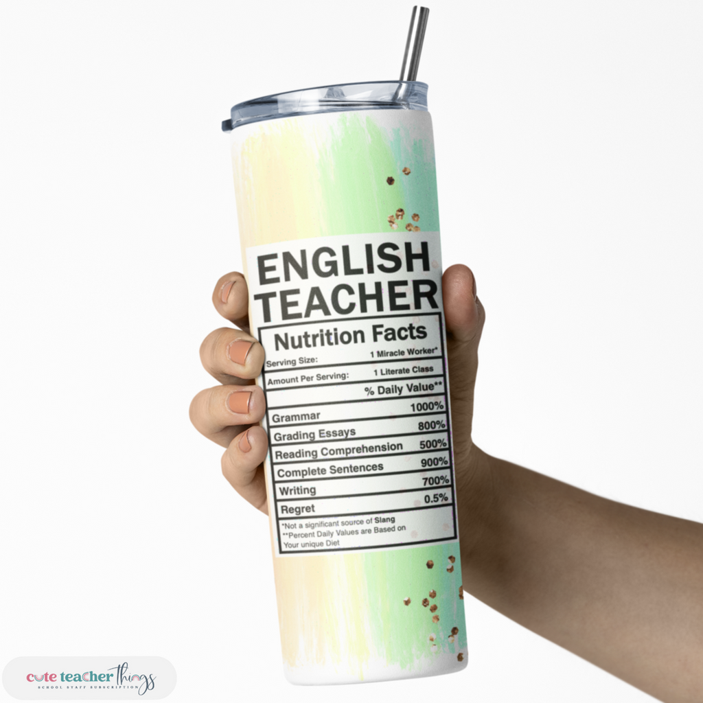 stainless steel hot & cold skinny tumbler, pastel rainbow print english teacher nutrition facts design