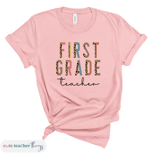 first grade teacher tee, animal print, unisex fit