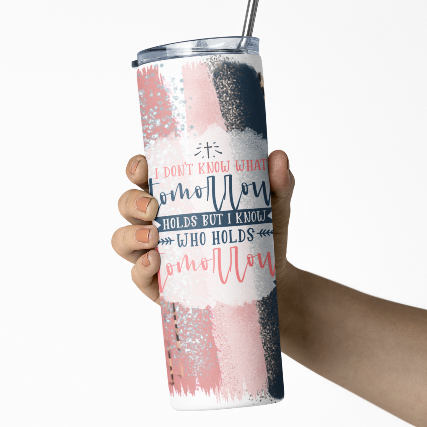 i know who holds tomorrow design, christian leopard print, skinny tumbler