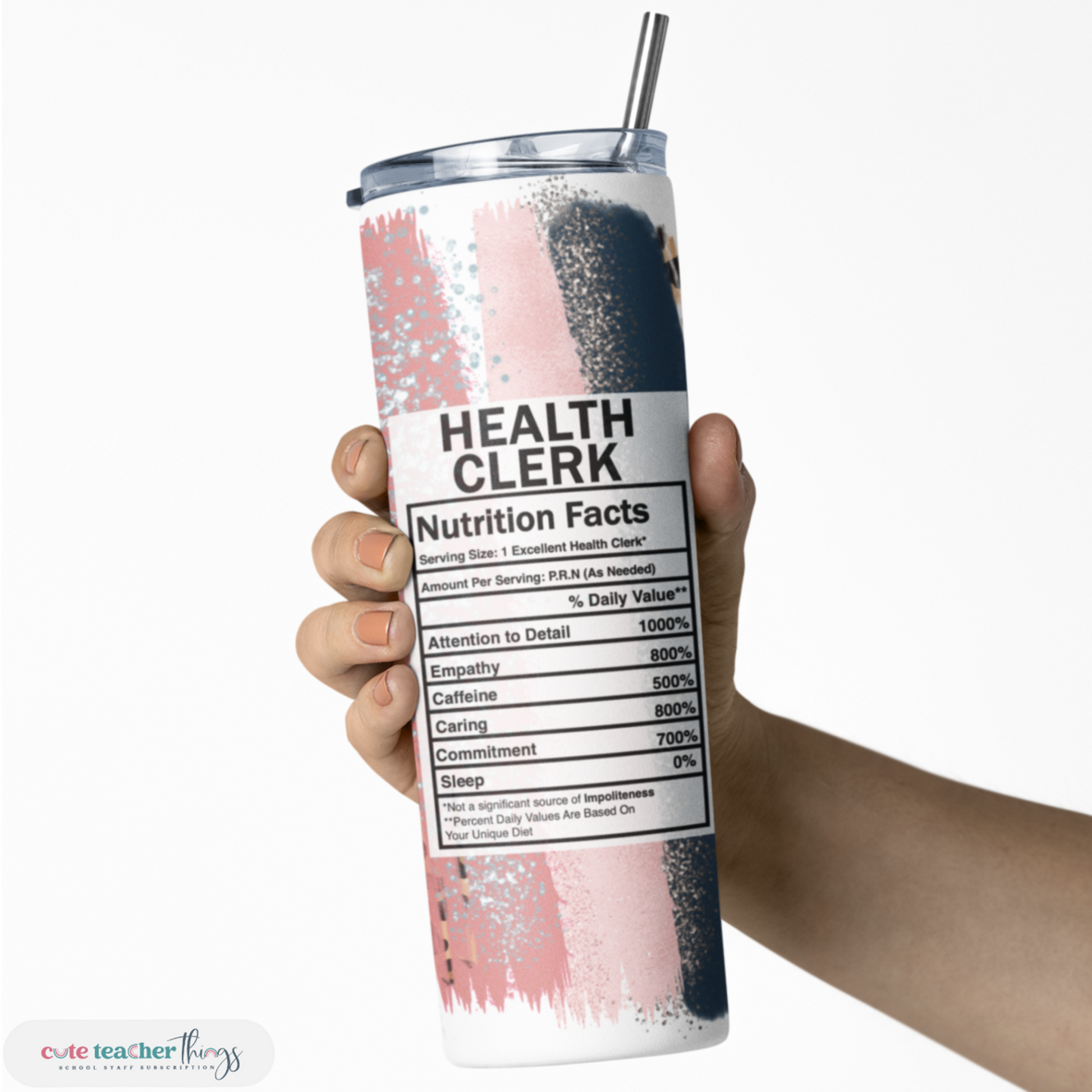 20 oz skinny tumbler, pink leopard print health clerk nutrition facts design tumbler