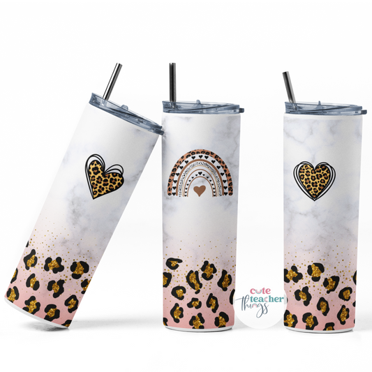 heart and rainbow leopard print tumbler, with lid and straw, anti-spill, hot & cold beverages tumbler