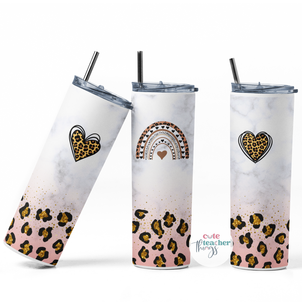heart and rainbow leopard print tumbler, with lid and straw, anti-spill, hot & cold beverages tumbler