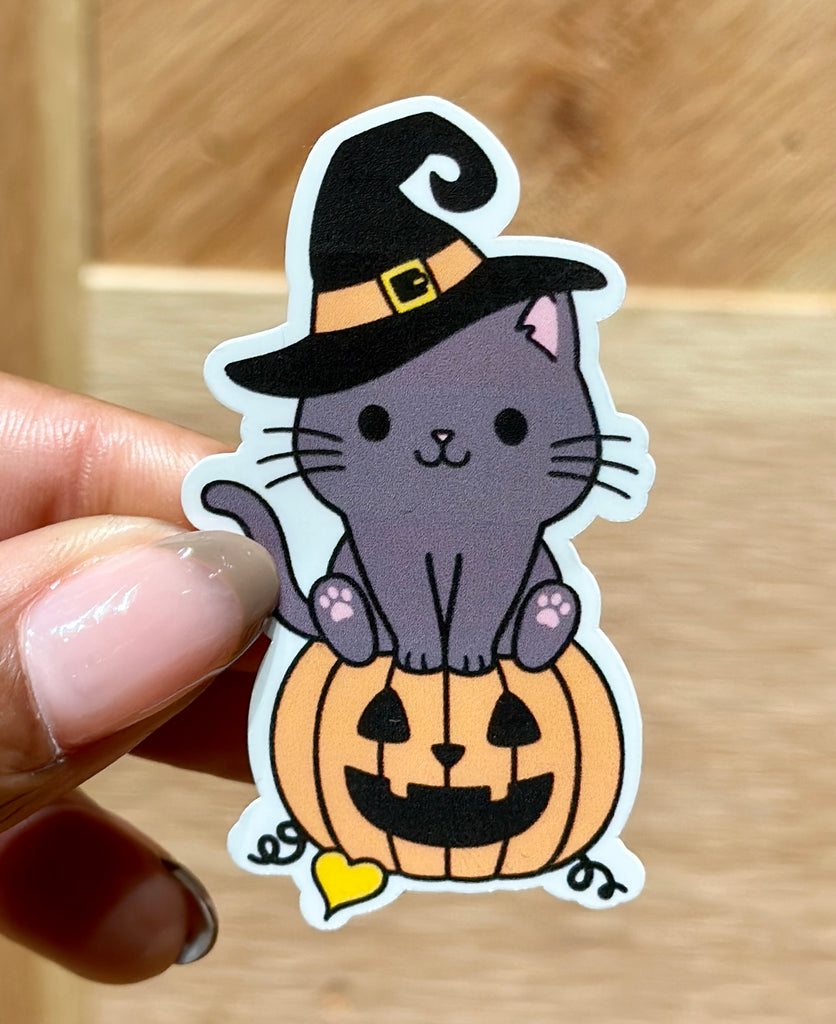 Witch Cat on Pumpkin Sticker