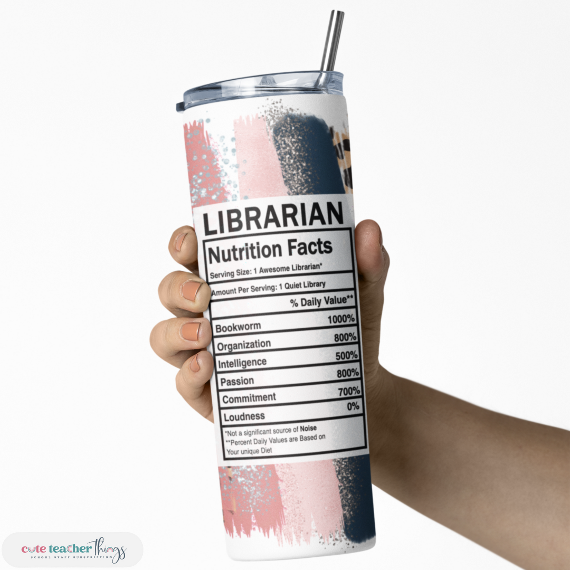 stainless steel, pink leopard print librarian nutrition facts design tumbler
