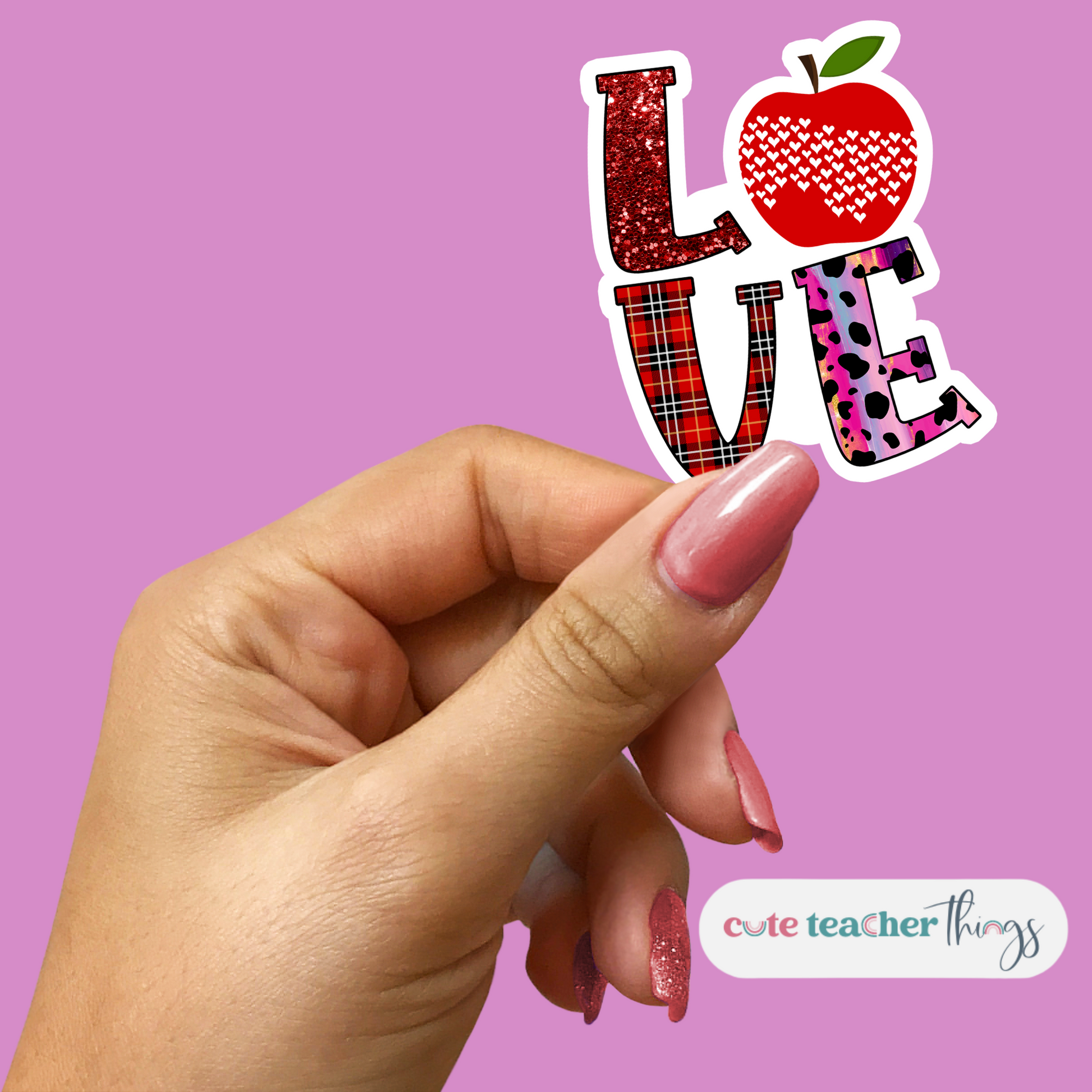 love sticker, glitter & plaid print, waterproof