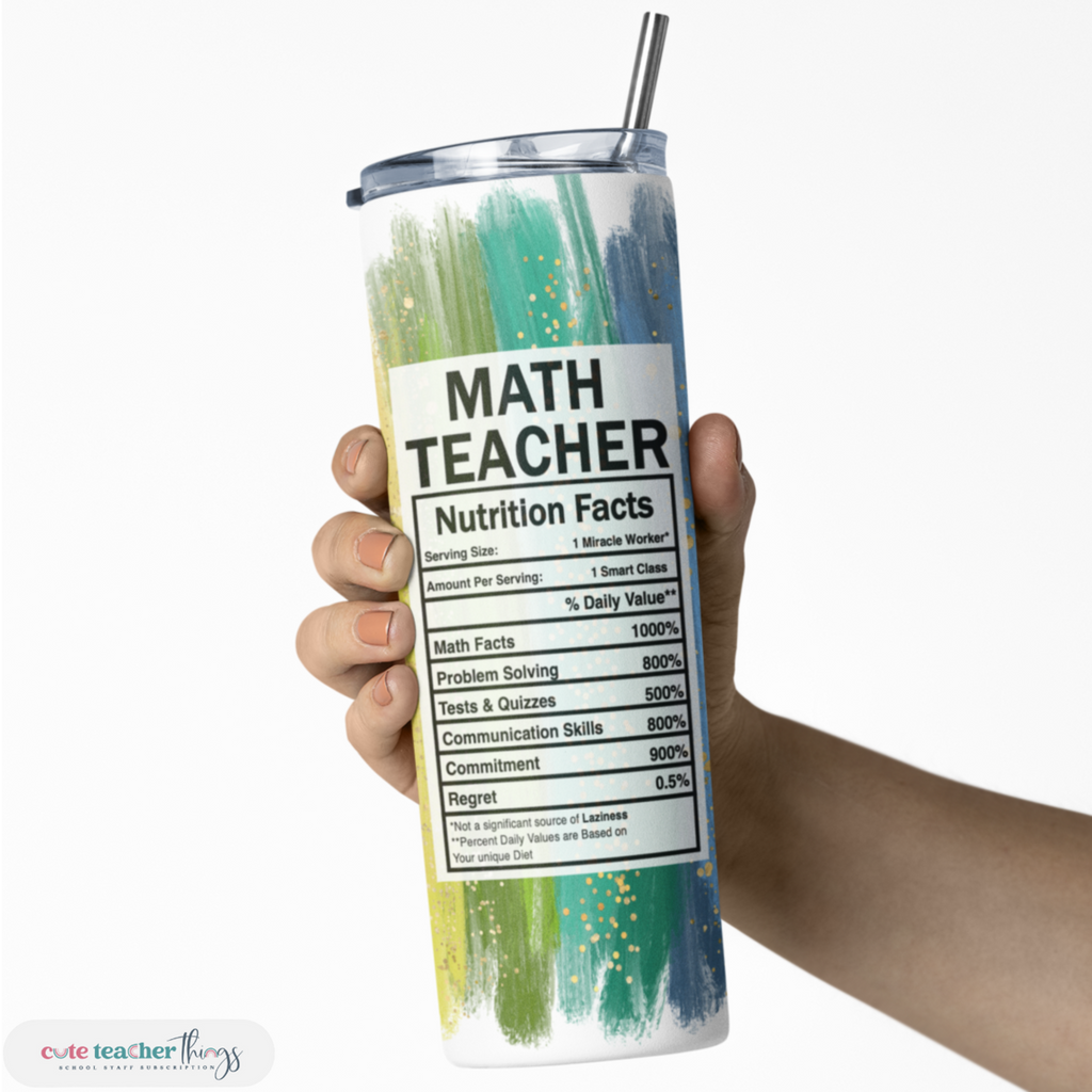 double wall insulated skinny tumbler, bright rainbow math nutrition facts design, math teacher tumbler