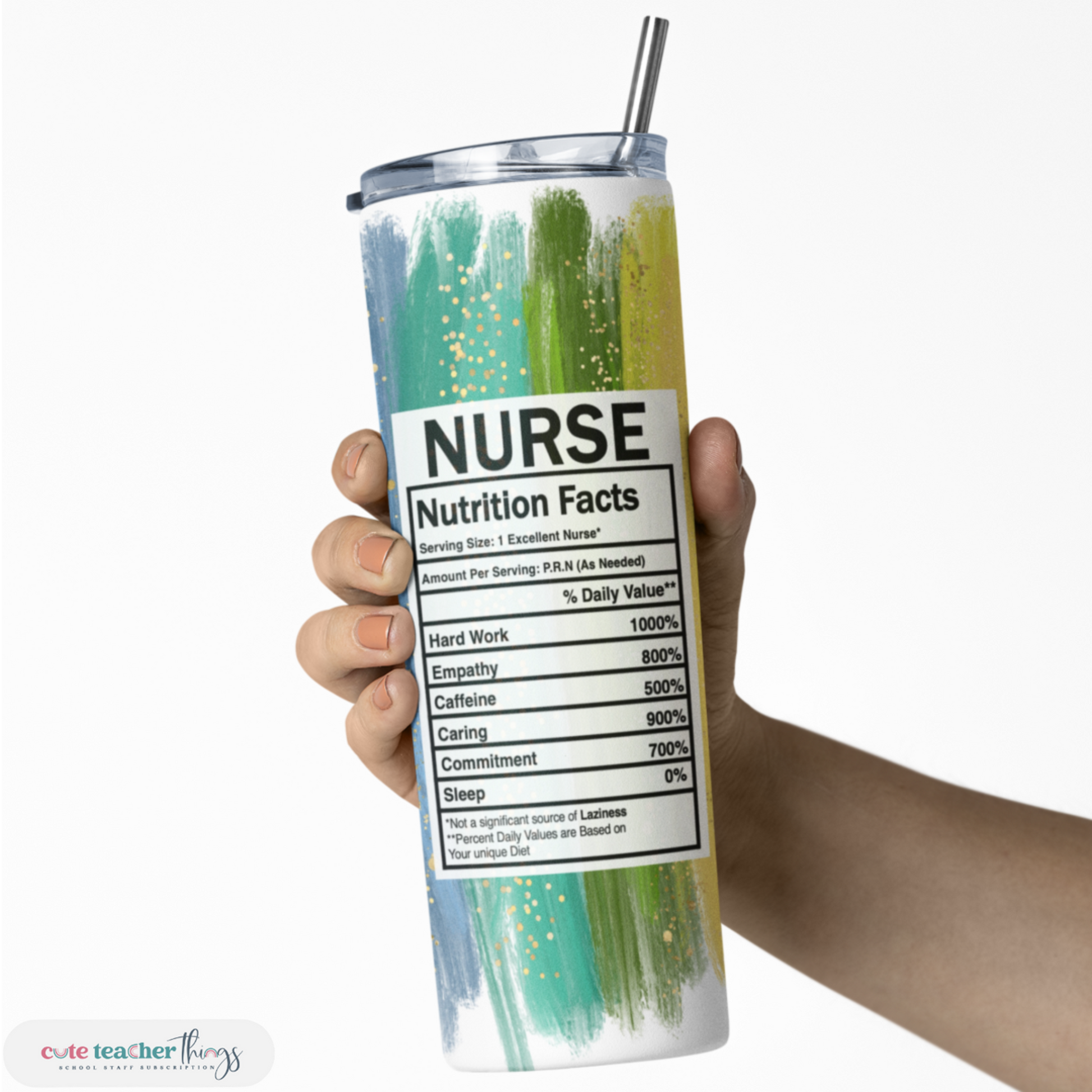 20 oz tumbler, nurse nutrition facts bright rainbow design, gift for school nurse, nurse week tumbler