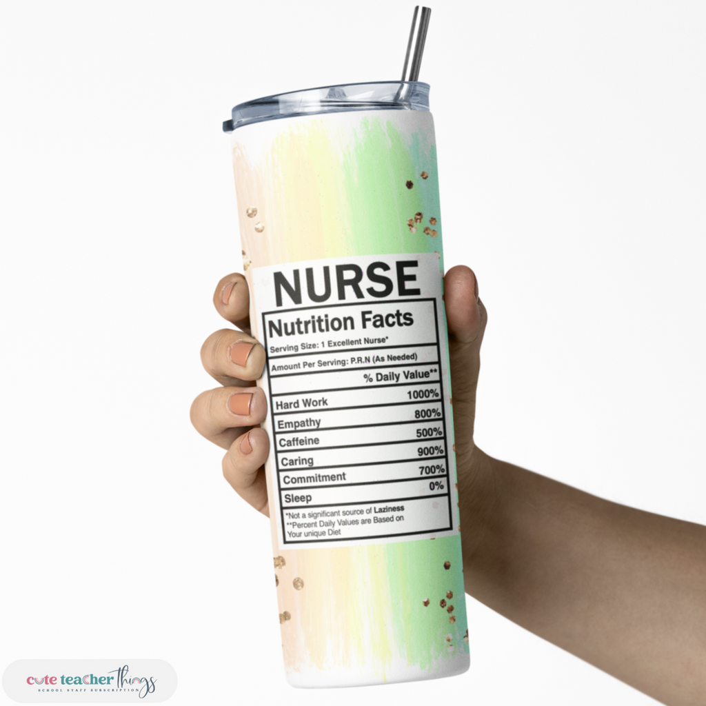 skinny tumbler for all occasion, daily appreciation,  nurse nutrition facts pastel rainbow tumbler, hot and cold beverages tumbler