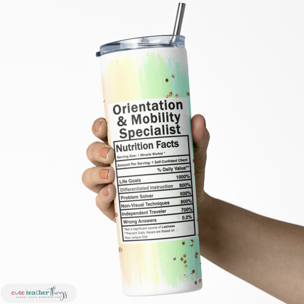 skinny tumbler with lid and straw, pastel rainbow, orientation & mobility specialist nutrition facts design, appreciation gift tumbler 