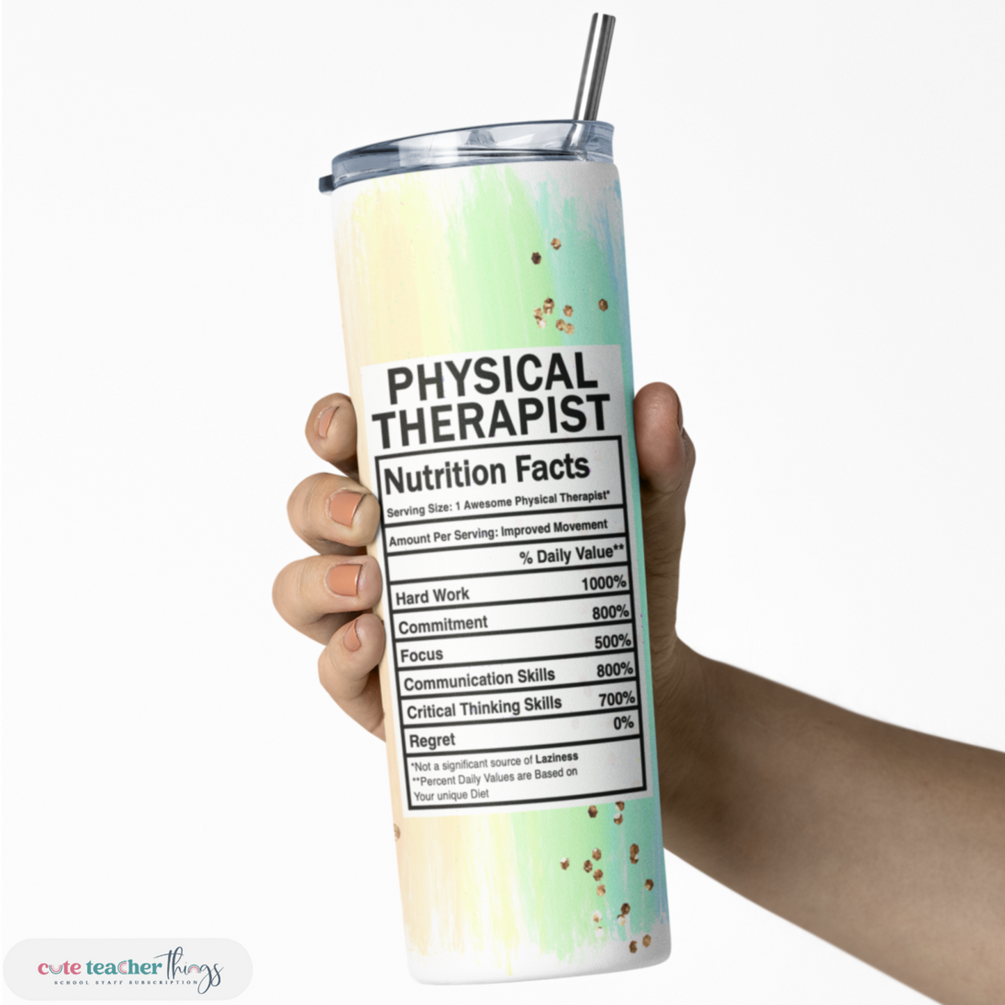 double wall insulated skinny tumbler, pastel rainbow physical therapist nutrition facts design, best gift for PT 