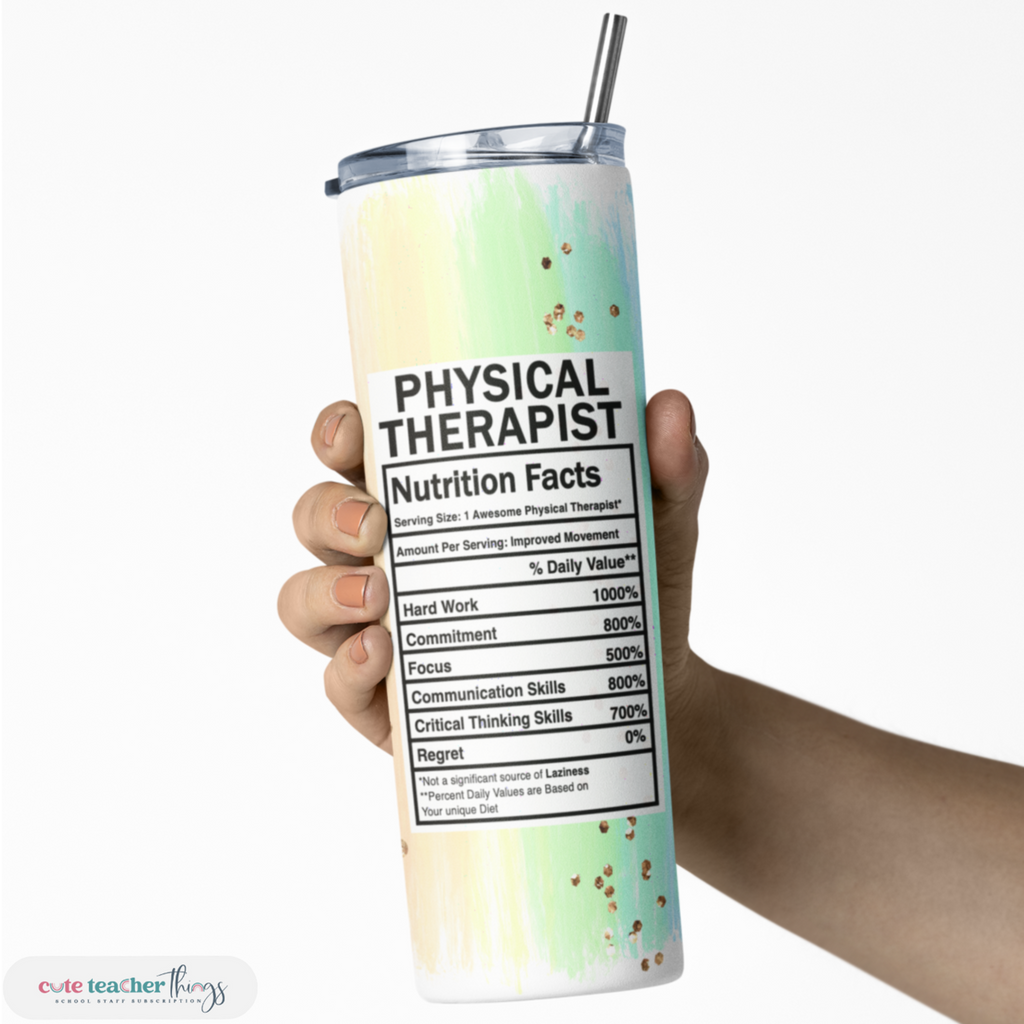 double wall insulated skinny tumbler, pastel rainbow physical therapist nutrition facts design, best gift for PT 