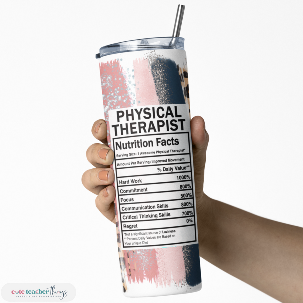 20 oz slim and easy to hold tumbler, pink leopard print physical therapy nutrition facts design