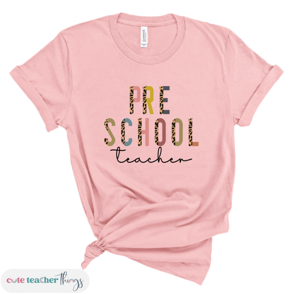 preschool teacher tee, half-leopard print, positive affirmation shirt