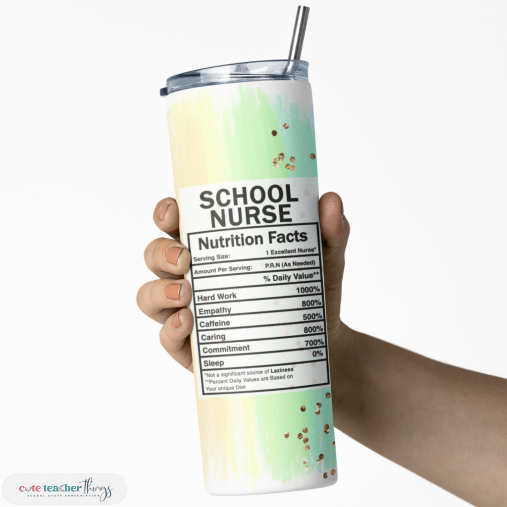 20 oz capacity tumbler with lid and straw, pastel rainbow print school nurse nutrition facts design, fits cup holders