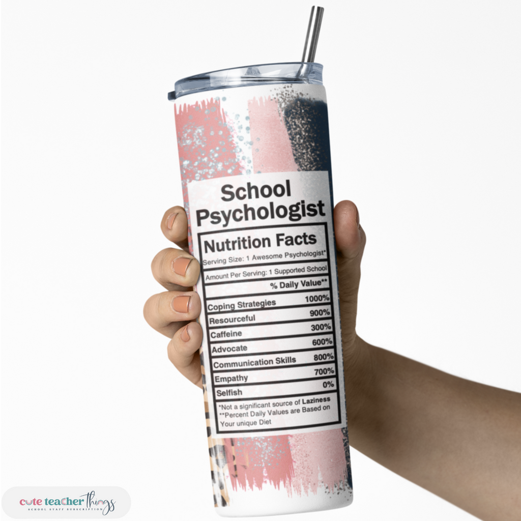 skinny 20 oz easy to hold tumbler, leopard print school psychologist nutrition facts design, unique gift