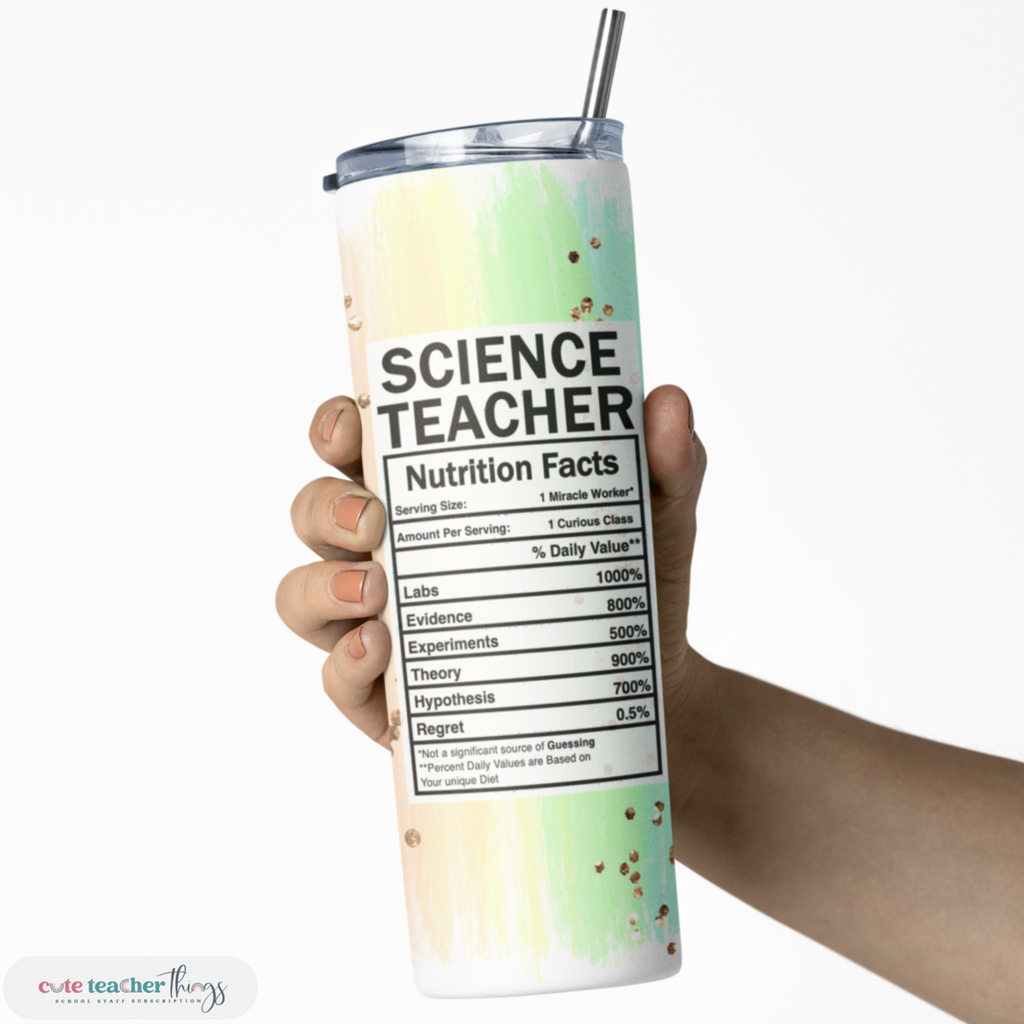stainless steel slim tumbler, easy to hold, pastel rainbow print science teacher nutrition facts design, teachers day gift