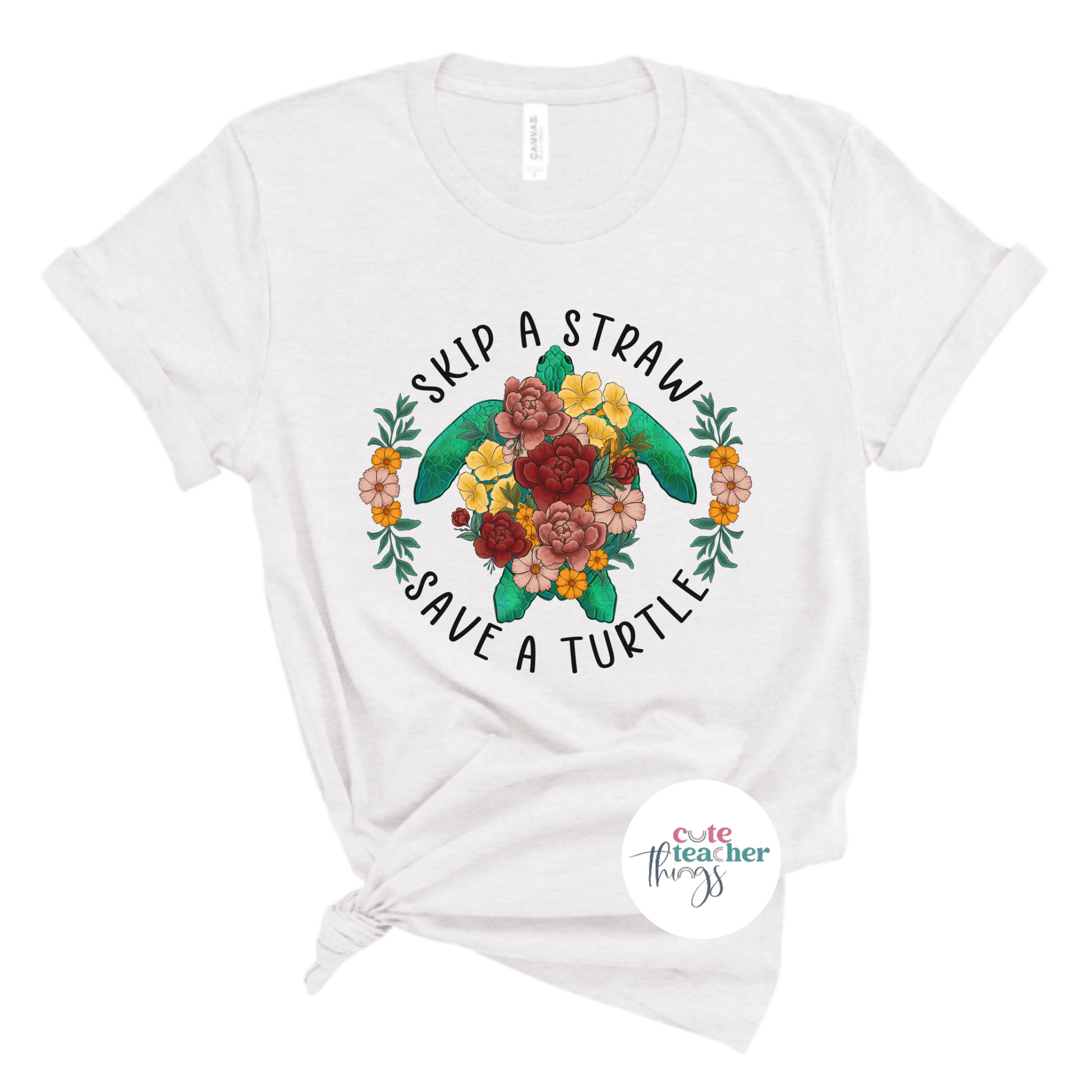 skip a straw save a turtle tee, turtle lover teacher shirt, floral turtle t-shirt