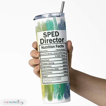 20 oz capacity with lid and straw tumbler, bright rainbow print sped director nutrition facts design, leak proof slim tumbler