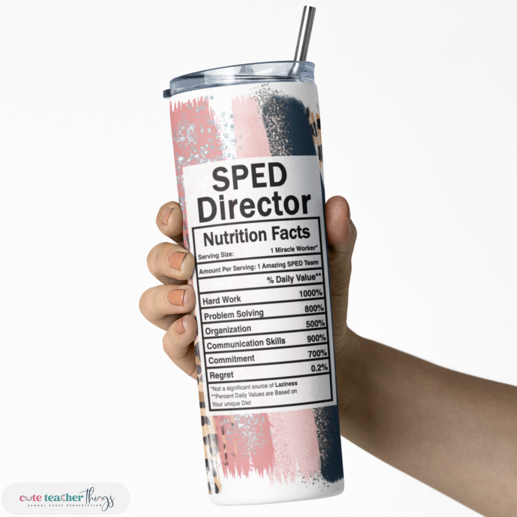 double wall vacuum technology, leopard print, sped director nutrition facts design skinny tumbler, positive affirmations tumbler