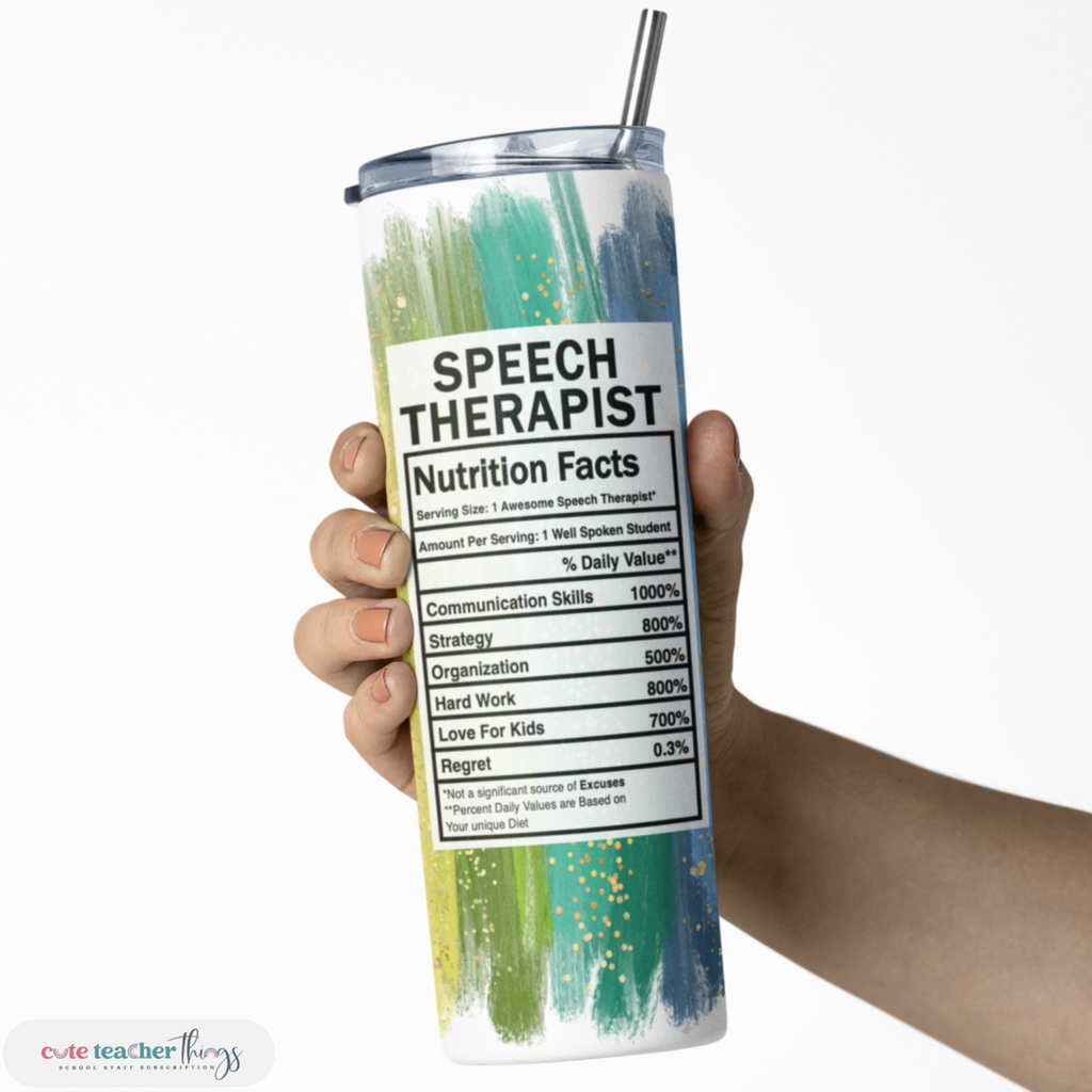 speech therapist nutrition facts design, bright rainbow print, double wall insulated skinny tumbler, appreciation gift