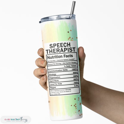 stainless steel, leak proof slim tumbler, pastel rainbow speech therapist nutrition facts design, therapist tumbler