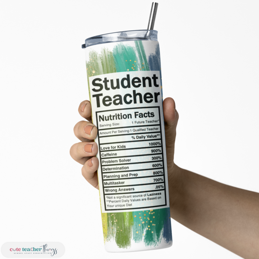 bright rainbow student teacher nutrition facts design, 20 oz skinny tumbler, graduation gift 