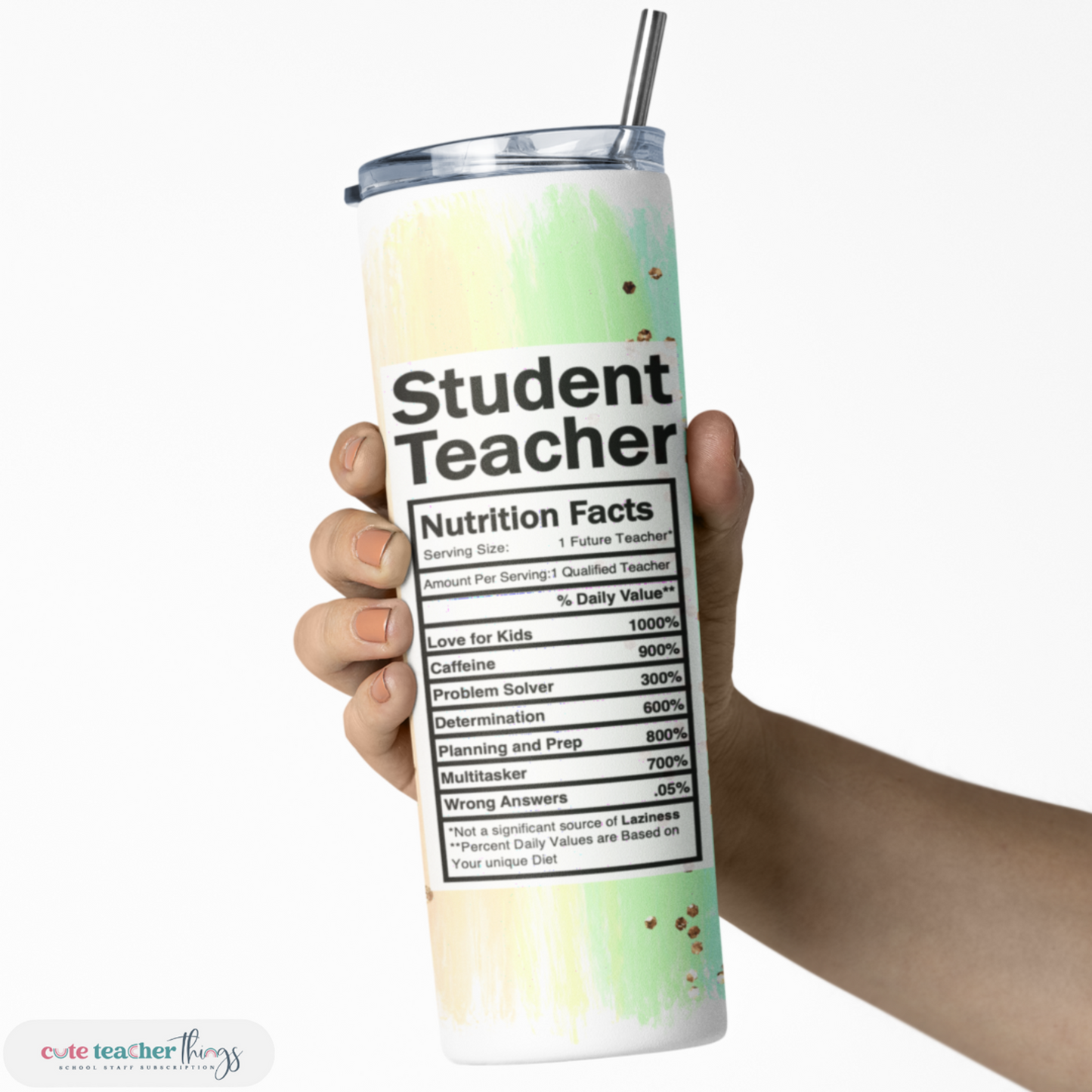 student teacher nutrition facts design, pastel rainbow print, double wall insulated slim tumbler, appreciation gift