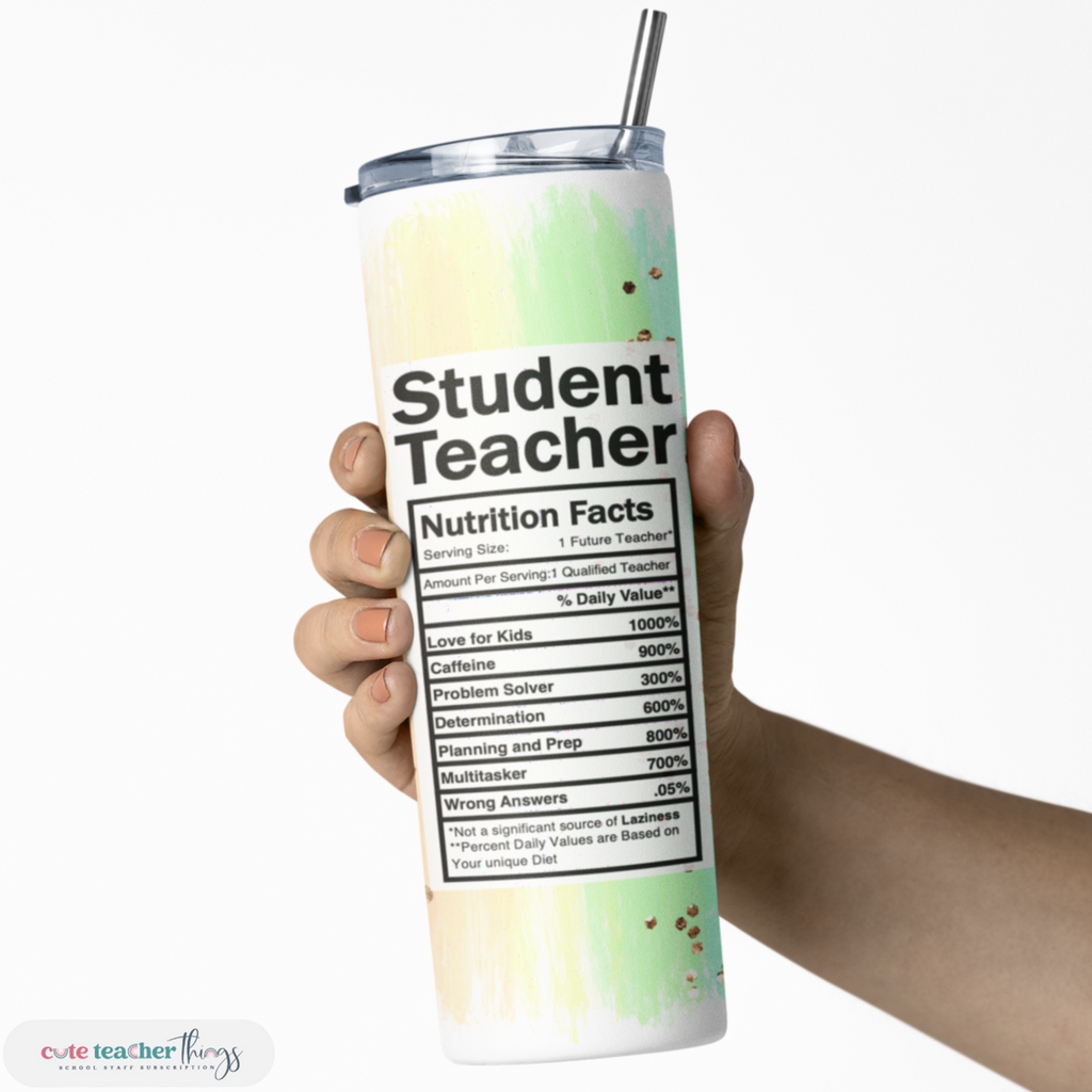 student teacher nutrition facts design, pastel rainbow print, double wall insulated slim tumbler, appreciation gift