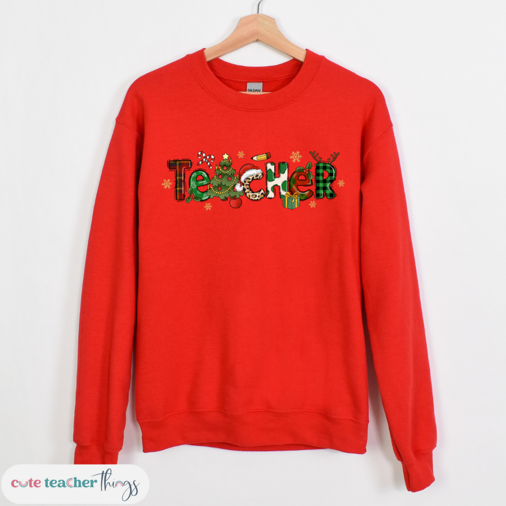 teacher sweater with christmas symbols design, christmas eve sweatshirt