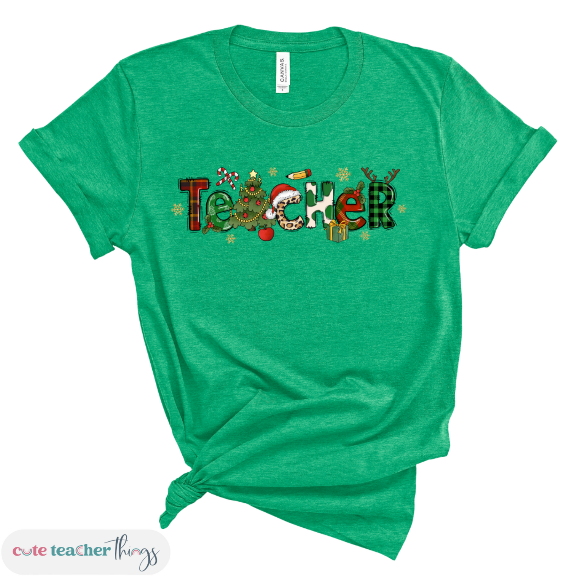 teacher christmas tee with christmas symbols design, teacher gift