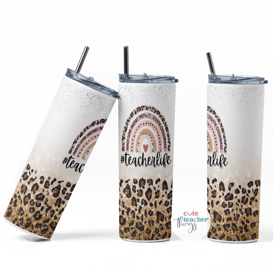 teacher life leopard print tumbler, 20 oz skinny tumbler, appreciation gift