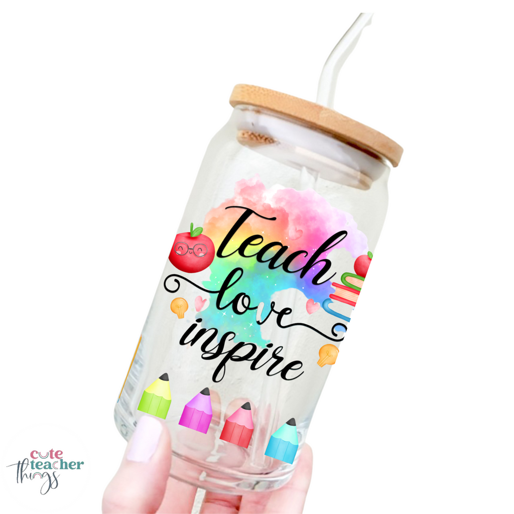 teach love inspire glass cup, clear glass cup, 16 oz