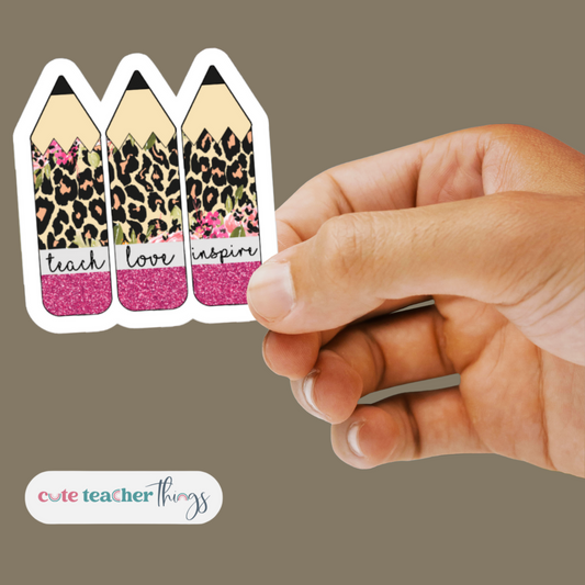 teach love inspire pencil design, leopard print teacher sticker