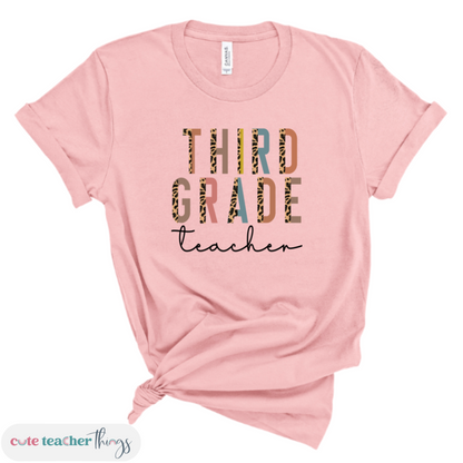 third grade teacher tee, animal print, unisex fit